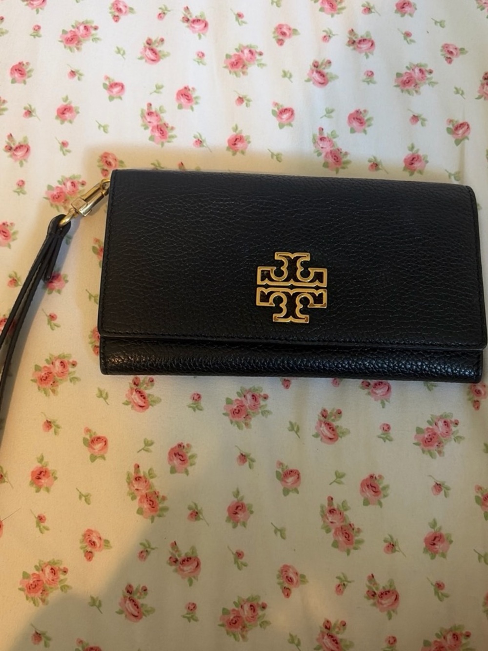 Tory Burch Black Leather Wristlet with Gold Logo